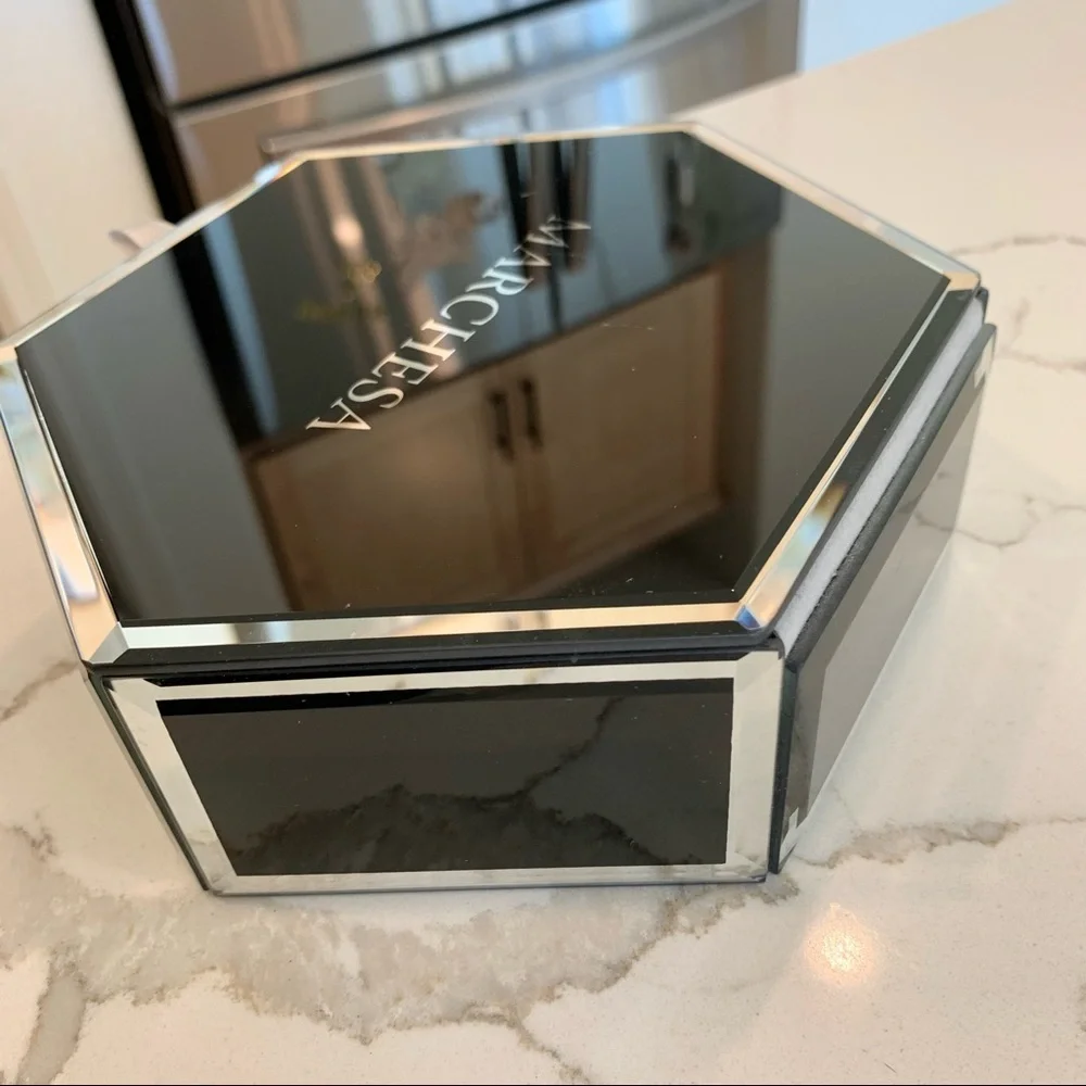 Marchesa Black Hexagon Mirrored Glass Velvet-Lined Jewelry Vanity Trinket Box
